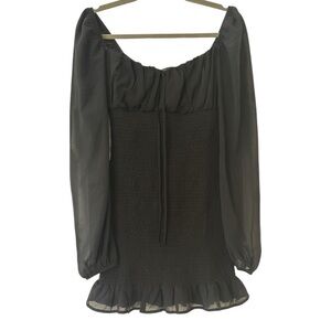 Blue Blush Milkmaid Smocked Long Sleeve Off Shoulder Mini Dress in Black Medium